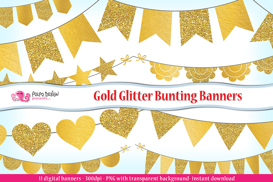 Gold Glitter Bunting Banner clipart in Objects - product preview 8