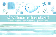 45 watercolor elements set