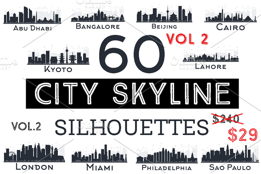 60 City Skyline Silhouettes Set 2