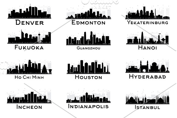 60 City Skyline Silhouettes Set 2 in Illustrations - product preview 2