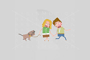 3d illustration. Couple walking dog.