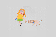 3d illustration. Girl walking dog.