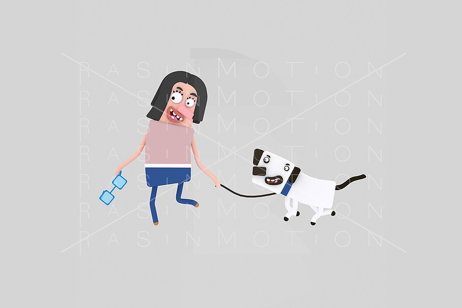 3d illustration. Woman walking dog. in Illustrations - product preview 8