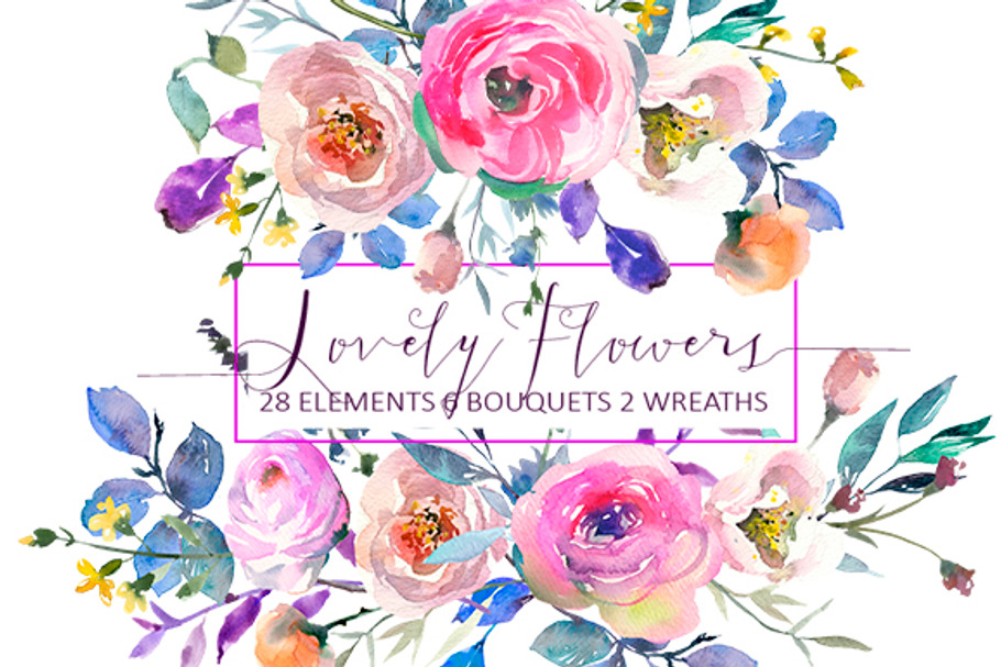 Pink Watercolor Flowers Collection in Illustrations - product preview 8