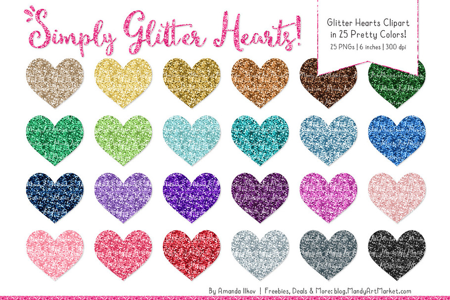 Rainbow Glitter Hearts Clipart in Illustrations - product preview 8