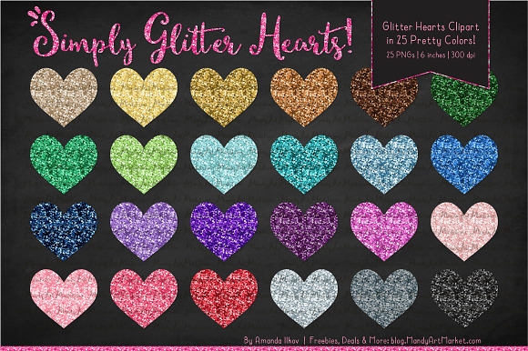 Rainbow Glitter Hearts Clipart in Illustrations - product preview 1
