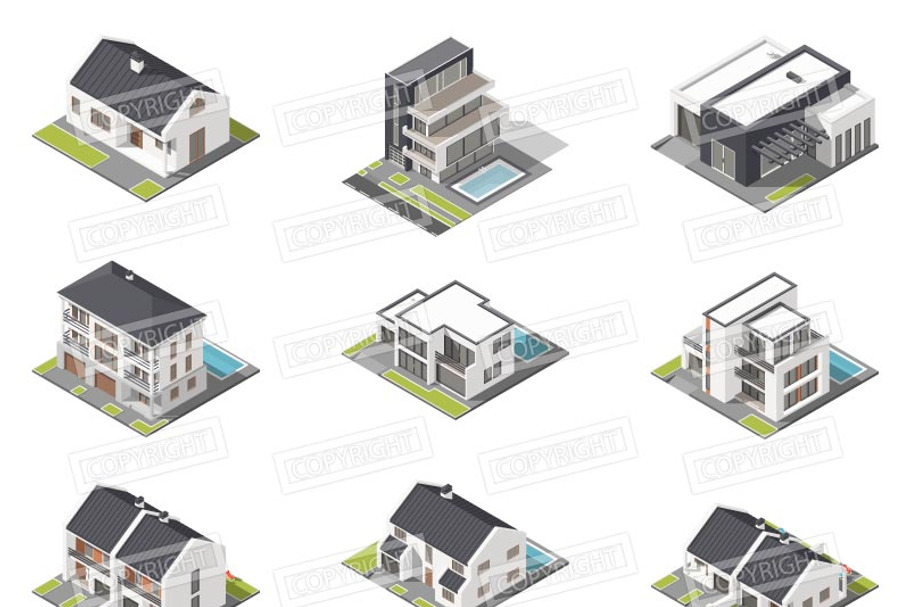 Different houses isometric icon set in House Icons - product preview 8