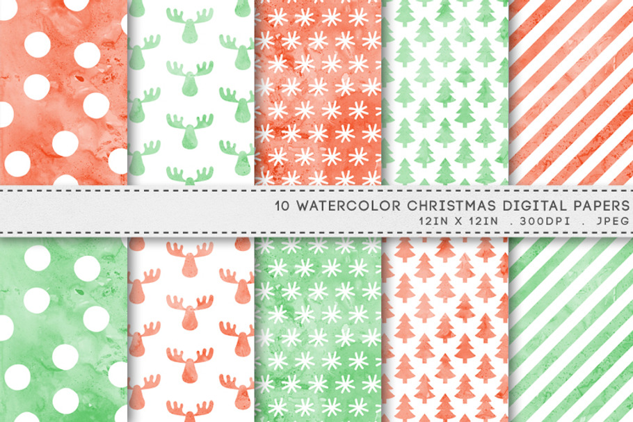 Watercolour Christmas Digital Paper in Patterns - product preview 8