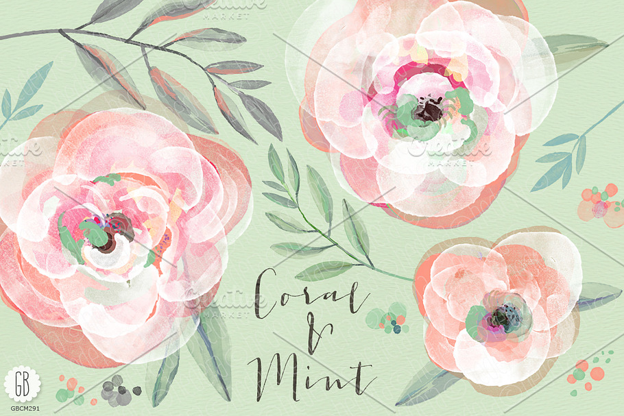Watercolor coral mint roses