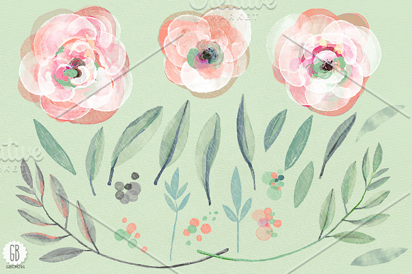 Watercolor coral mint roses in Illustrations - product preview 1
