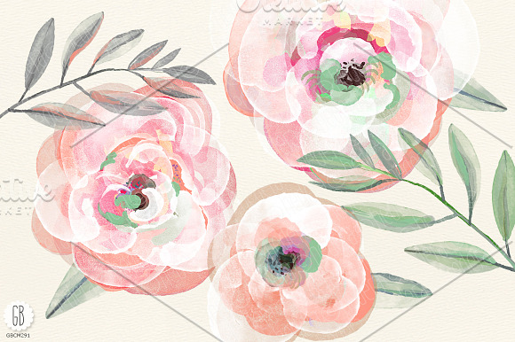 Watercolor coral mint roses in Illustrations - product preview 2