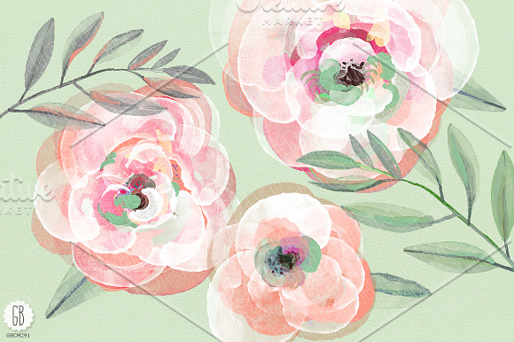 Watercolor coral mint roses in Illustrations - product preview 4