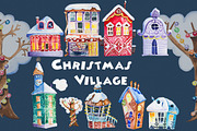 Watercolor Christmas Village Clipart