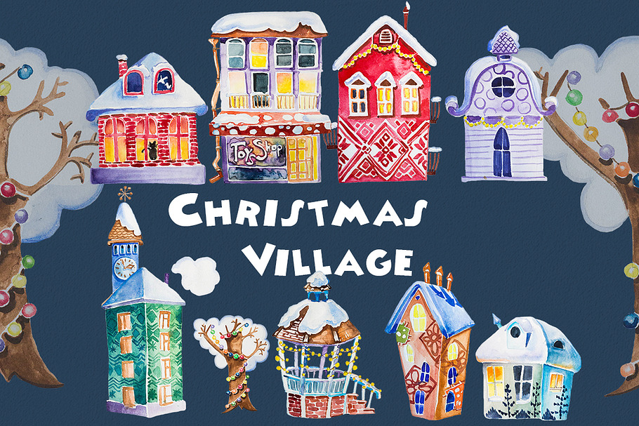 Watercolor Christmas Village Clipart in Illustrations - product preview 8