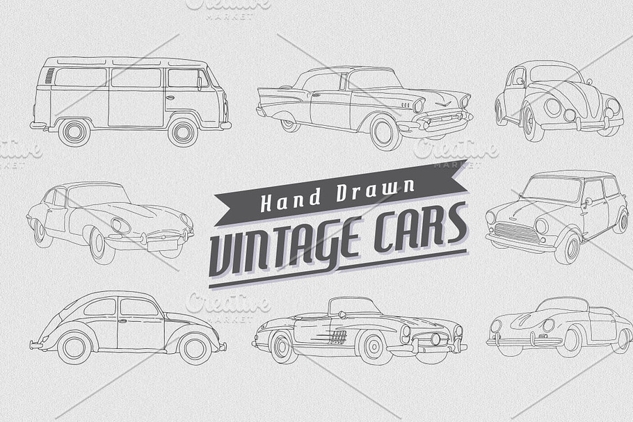 16 Hand Drawn Vintage Retro Cars