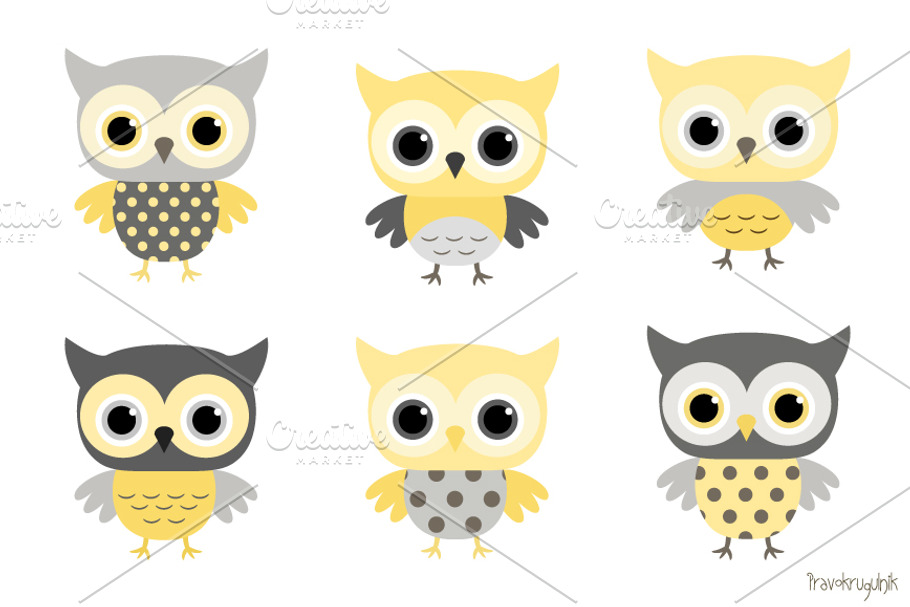 Cute owls clipart in grey and yellow
