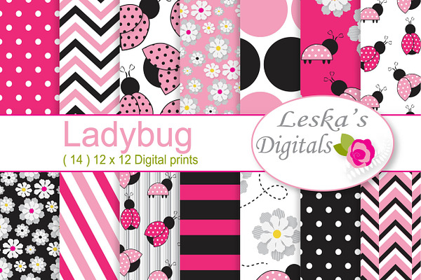 Pink Ladybug Digital Paper Pattern