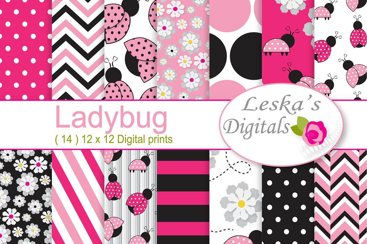 Pink Ladybug Digital Paper Pattern in Illustrations - product preview 8
