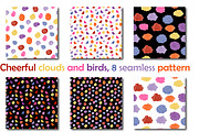 Cheerful clouds and birds, patterns