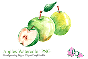 Green Apple Watercolor Clipart PNG