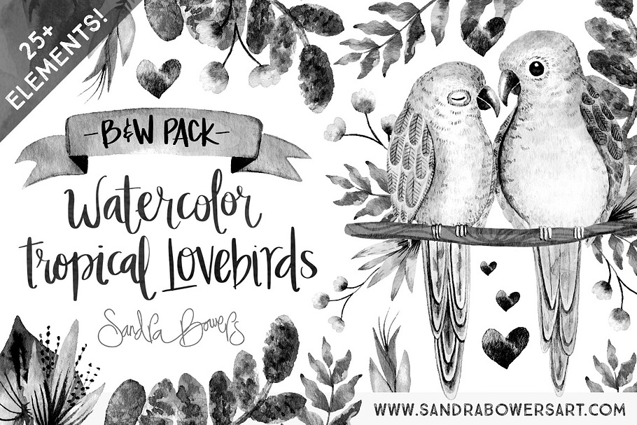Watercolor Love Birds - B&W Pack in Illustrations - product preview 8