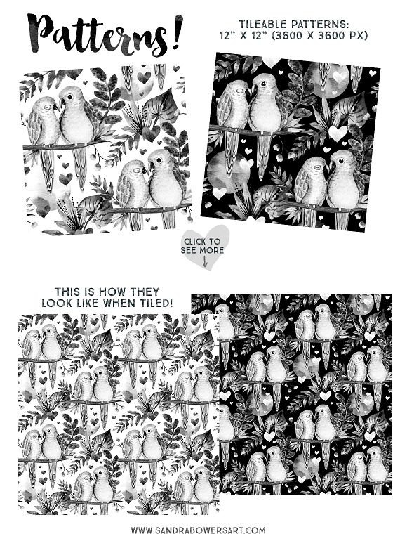 Watercolor Love Birds - B&W Pack in Illustrations - product preview 1