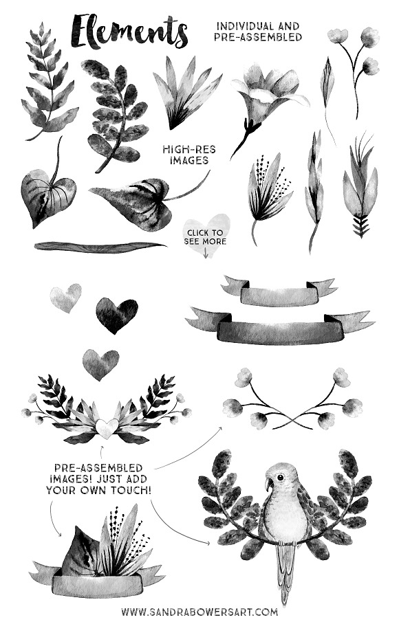 Watercolor Love Birds - B&W Pack in Illustrations - product preview 3