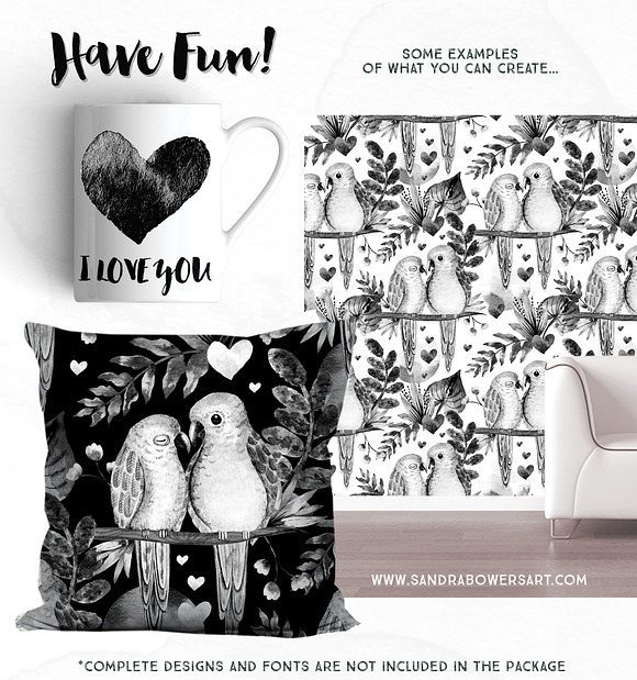 Watercolor Love Birds - B&W Pack in Illustrations - product preview 4