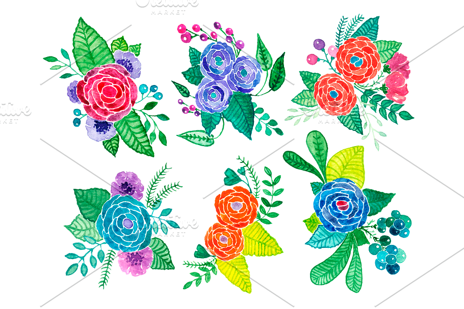 Colorful Watercolor Flowers Clip Art in Illustrations - product preview 8