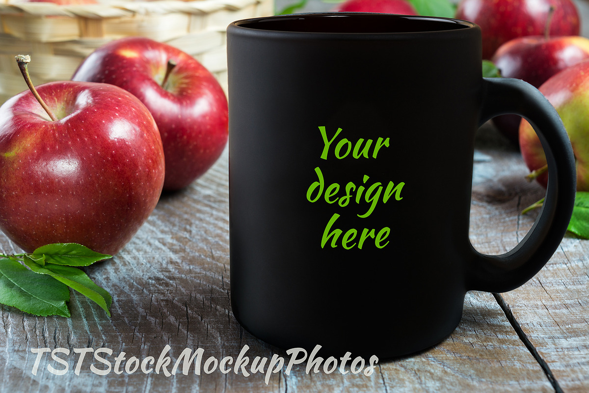 Black coffee mug mockup with apples in Product Mockups - product preview 8