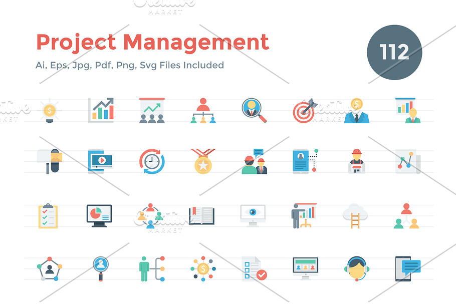 112 Flat Project Management Icons in Graphics - product preview 8
