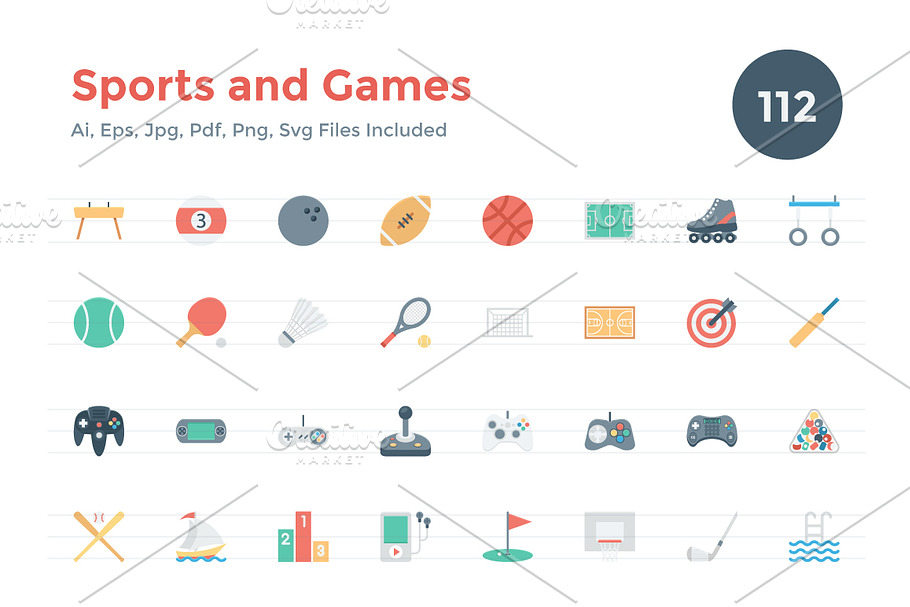 112 Flat Games and Sports Icons