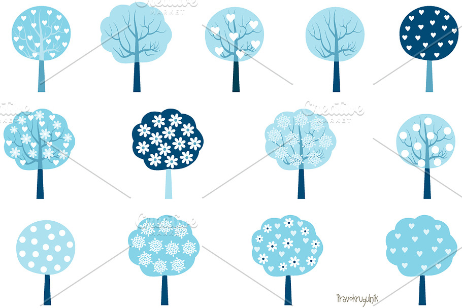Blue winter trees clip art set