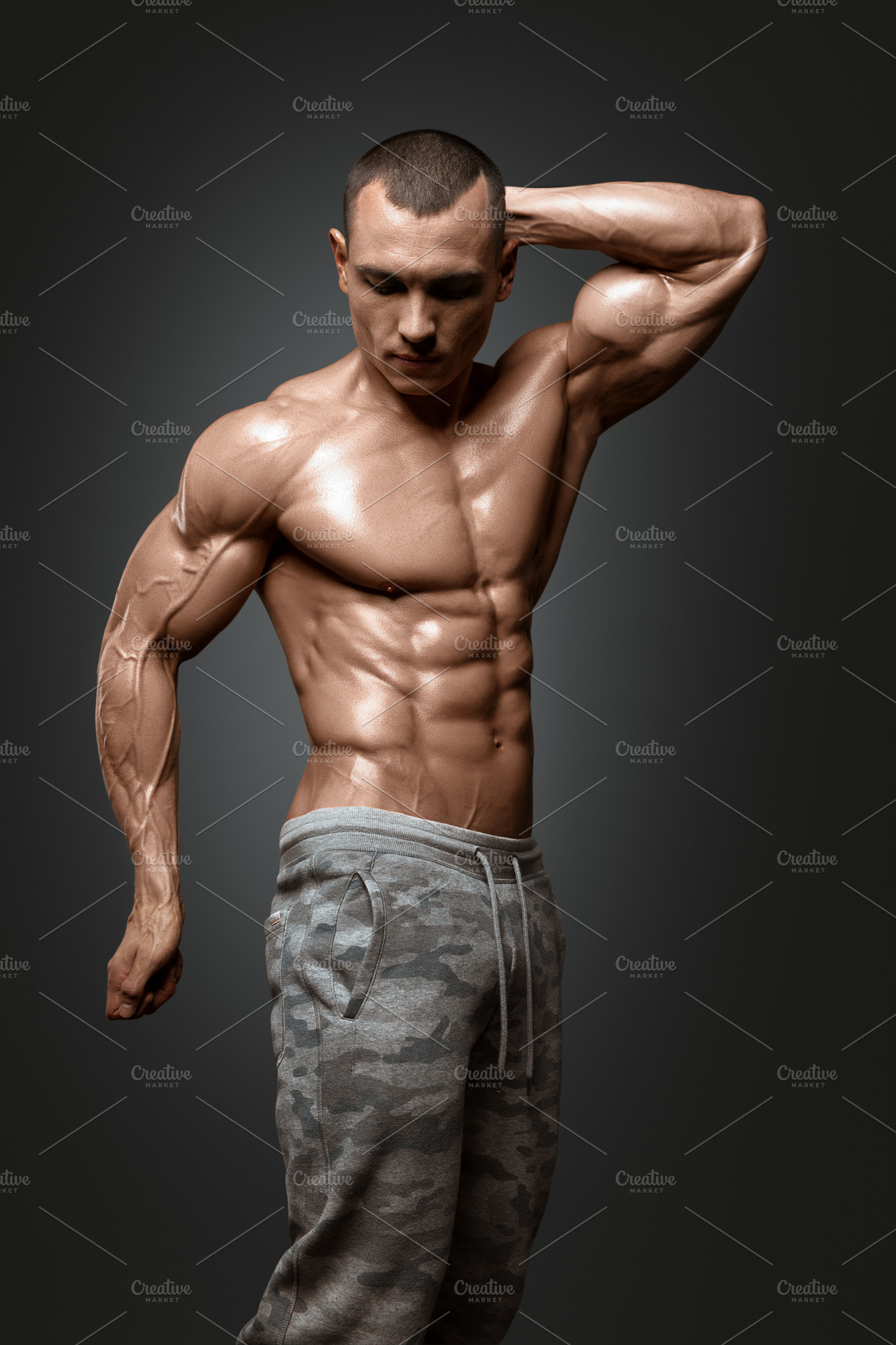 Strong Athletic Man Fitness Model Torso Showing Six Pack Abs High