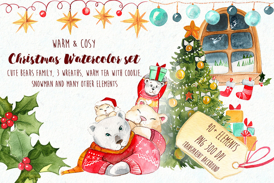 Christmas bears watercolour set  in Illustrations - product preview 8