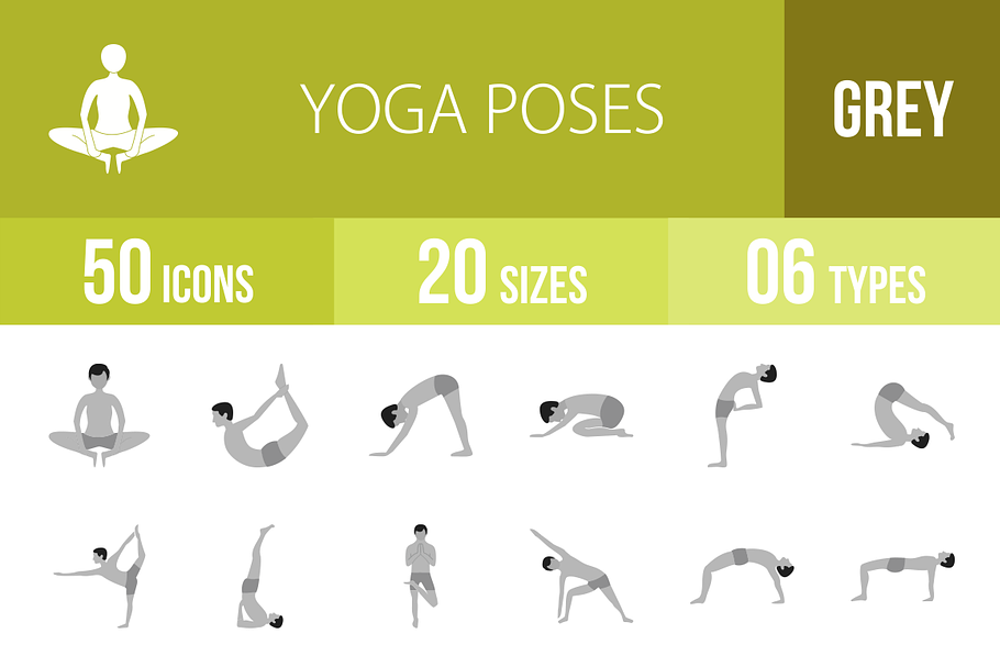 50 Yoga Poses Greyscale Icons in Graphics - product preview 8