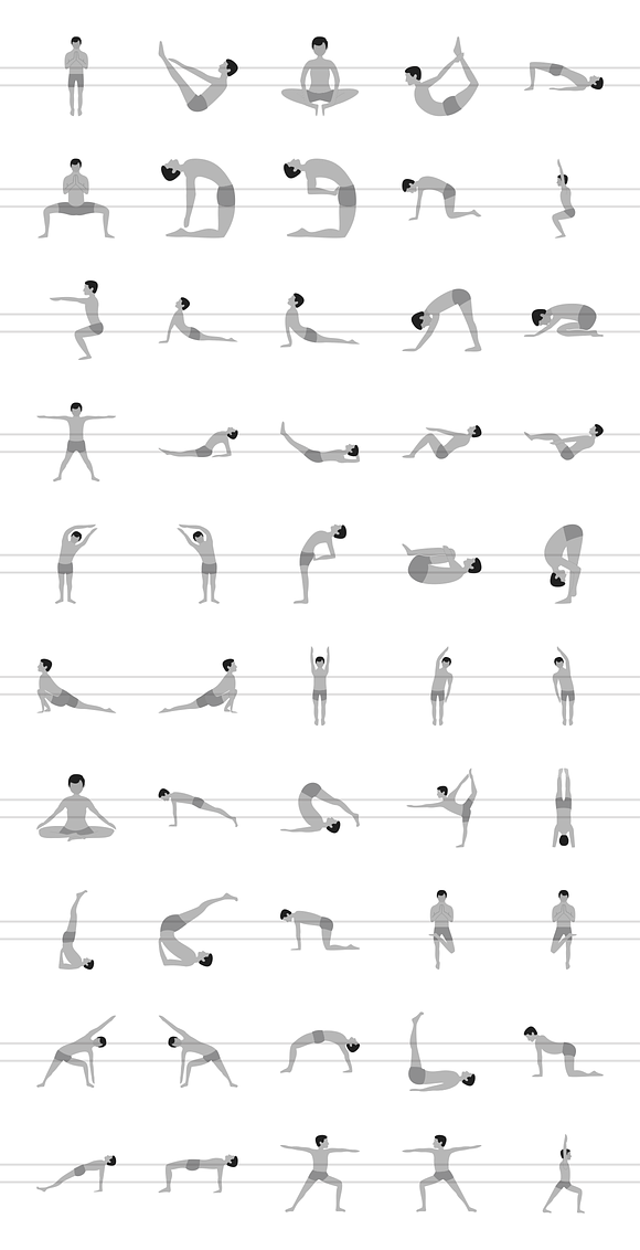 50 Yoga Poses Greyscale Icons in Graphics - product preview 1