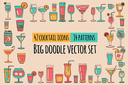 Doodle cocktail icons and patterns