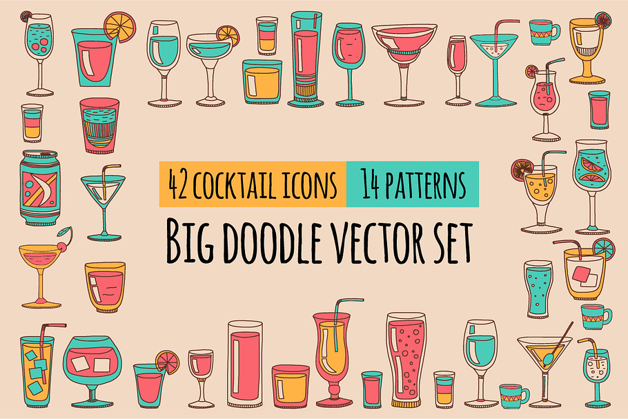 Doodle cocktail icons and patterns in Patterns - product preview 8