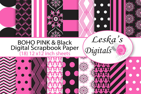 Pink and Black Digital Paper - Boho
