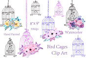 Watercolor floral bird cage clipart 