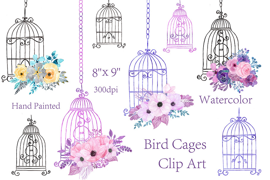 Watercolor floral bird cage clipart 