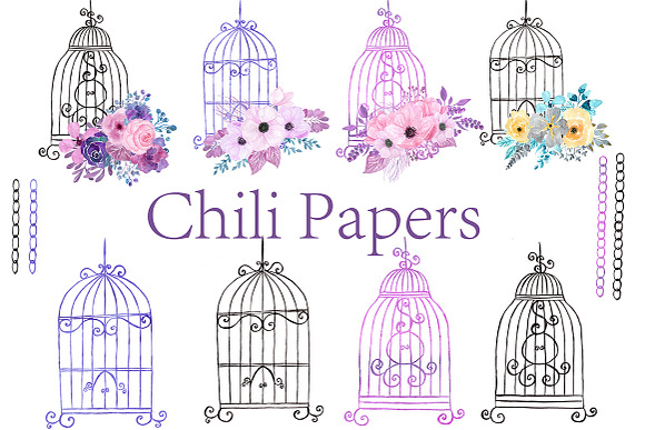 Watercolor floral bird cage clipart  in Illustrations - product preview 1