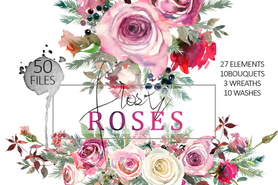 Frosty Roses Watercolor Flowers Set in Illustrations - product preview 8