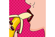 Woman lips eating banana. vector