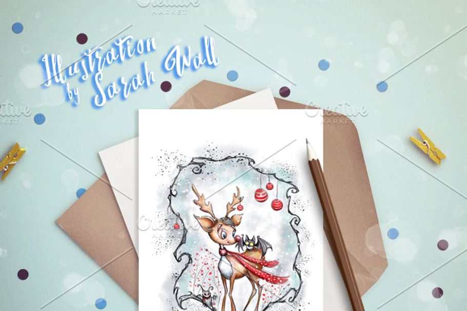 Reindeer & Bat Christmas Watercolor