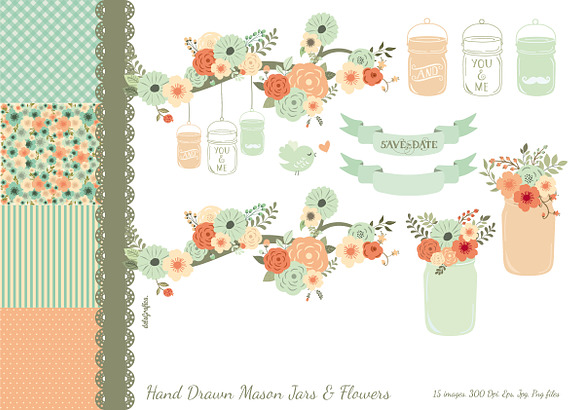 Hand Drawn Mason Jars & Flowers in Illustrations - product preview 1