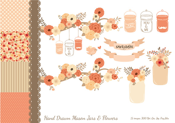 Hand Drawn Mason Jars & Flowers Pink in Illustrations - product preview 1