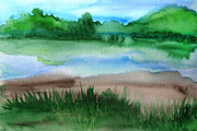 Watercolor landscape with lake