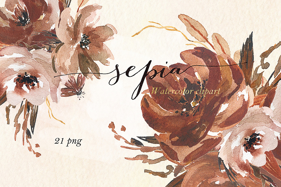 Sepia flowers. Watercolor clipart